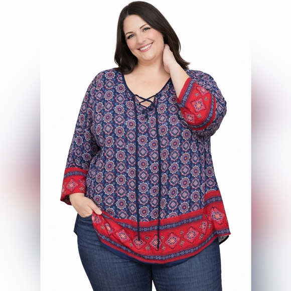 Sharagano Tops - Sharagano Women's 2X Boho Tie Front Blouse V-Neck Elastic Cuffs Tunic Top Flowy